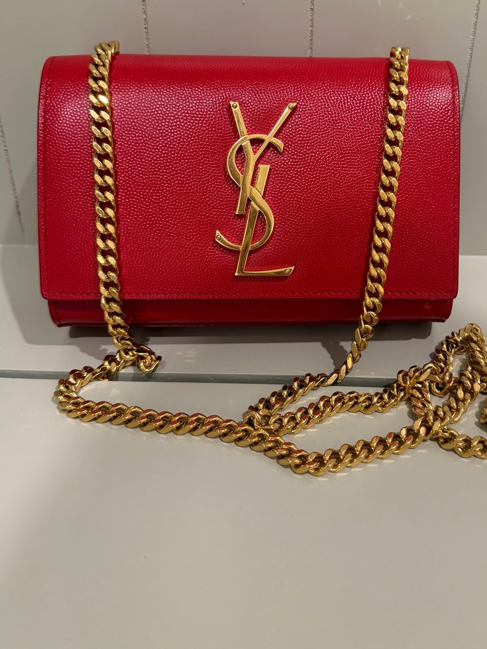 Saint Laurent Red Leather Crossbody with Gold YSL Chain